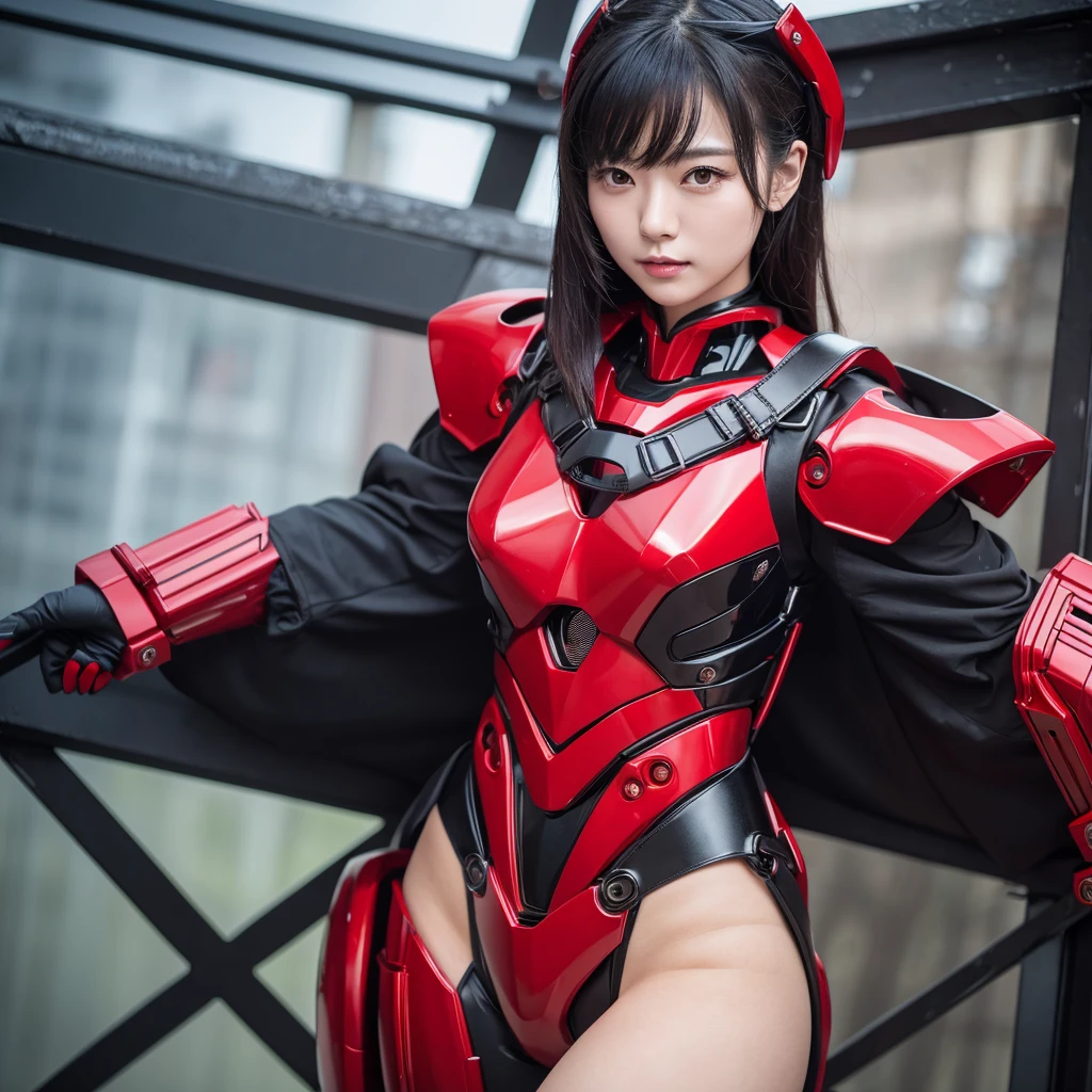 Highest quality,masterpiece,Ultra-high resolution, Very detailed, 8k,(Beautiful woman),Beautiful Japanese Women:1.5,Black Hair、 (Shiny red robot suit, Military Harness, Plump, Slightly thicker)