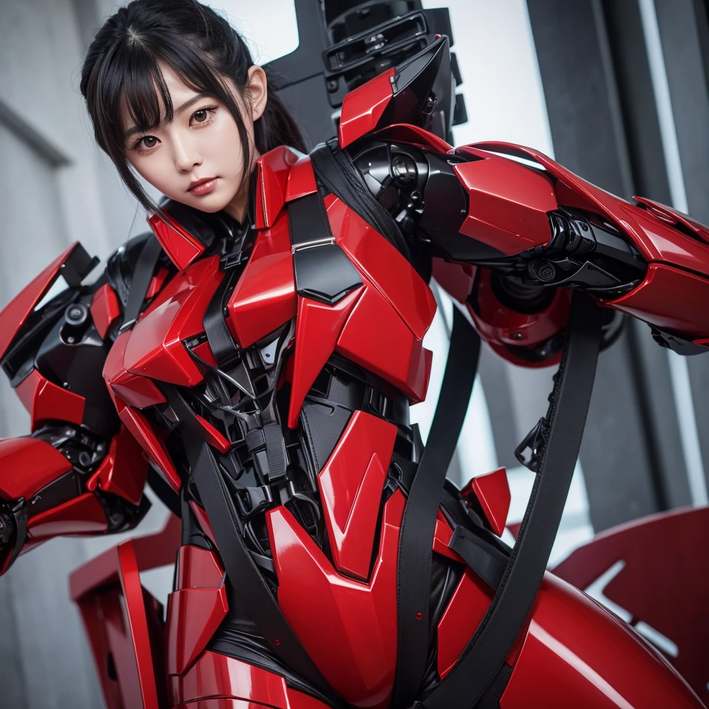 Highest quality,masterpiece,Ultra-high resolution, Very detailed, 8k,(Beautiful woman),Beautiful Japanese Women:1.5,Black Hair、 (Shiny red robot suit, Military Harness, Plump, Slightly thicker)