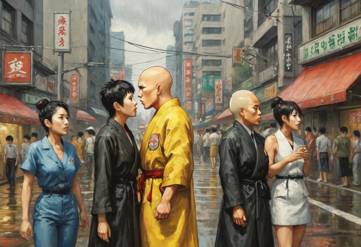 Three gorgeous women (varied height, varied weight, varied race, wearing a towel or less, crazy hairdo, crazy jewelry, tend towards fit and hourglass figure) they are celebrating being alive (kissing and flirting) wit Saitama (one punch man) who has a confused look on his face and is covered in gore as it rains down from the sky from his last kaiju battle. streets of Tokyo
