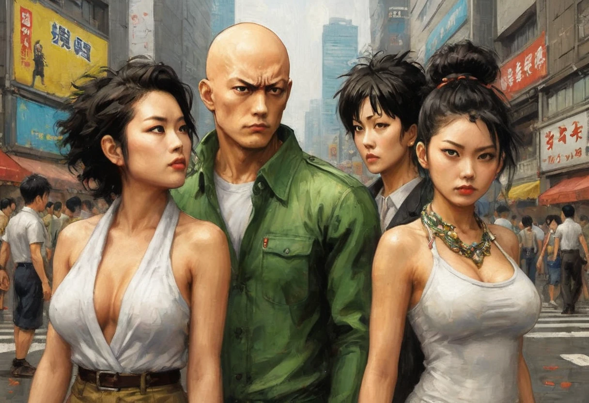 Three gorgeous women (varied height, varied weight, varied race, wearing a towel or less, crazy hairdo, crazy jewelry, tend towards fit and hourglass figure) they are celebrating being alive (kissing and flirting) wit Saitama (one punch man) who has a confused look on his face and is covered in gore as it rains down from the sky from his last kaiju battle. streets of Tokyo