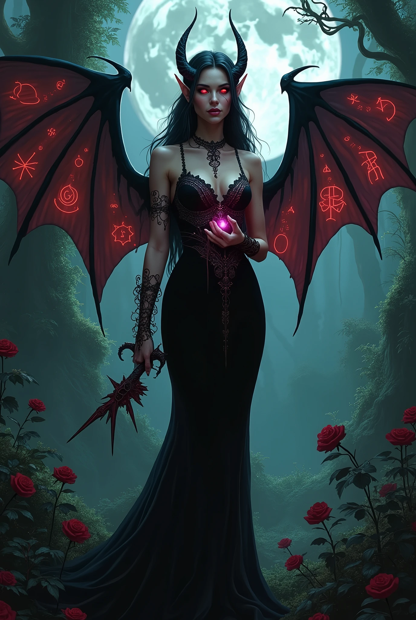 In the depths of a shadowy, ancient jungle, bathed in the eerie silver light of the moon, stands a mesmerizing elven woman with an otherworldly allure. Her tall, slender frame is adorned with pointed ears, and her long, raven-black hair cascades over her bare shoulders, accentuating the sharp, angular features of her face. Her eyes glow with an ominous, red light, revealing her dark intentions. She wears a tight, black velvet gown that clings to her lithe body, adorned with intricate lace and ancient runes. Along her arms and back, glowing, crimson tattoos in the shape of elven symbols pulse with demonic energy, illuminating her pale, porcelain skin, Her lips, stained a deep shade of crimson, curl into a wicked smile as she cradles an obsidian artifact, exuding a seductive, violet aura. Dark, bat-like wings unfurl from her back, casting long shadows on the ground. Encircling her are arcane symbols, drawn with blood, which glow in sync with her tattoos. Tendrils of dark energy weave through the air, summoning shadowy, demonic spirits that bow to her will. The twisting vines and black roses at her feet seem to wilt in her presence, as the haunting whispers of the jungle blend with the guttural chants of otherworldly entities, amplifying the dark, gothic, and demonic essence of her ritual