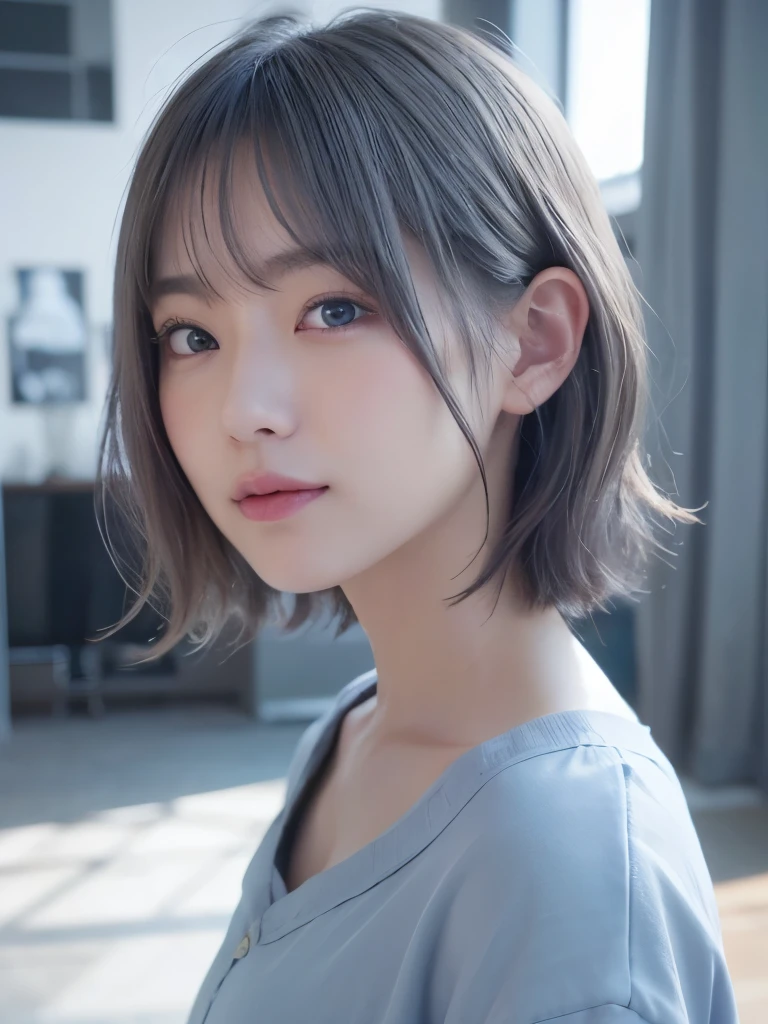 1 very cute girl、、short hair、Gray Hair、Reduces hair volume、Blue background、Upper Body、(head shot:1.5)、Eyes focus、Collared shirt、Laughter、、(8k、RAW Photos、highest quality、masterpiece:1.2)、(Realistic、Realistic:1.3)、Hmph、The depth of the written world、Wide Light、High Contrast、(Shine:1.4)、chromatic aberration、Sharp focus、RAW color photos、Cinema Lighting、8K resolution、