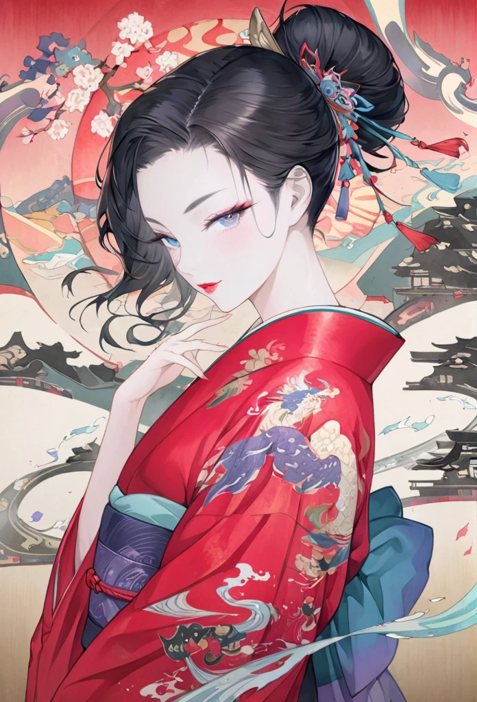 fusion of watercolors and oil paintings, fusion of paper cutting and shadow puppetry, mix of Japanese painting, ukiyo-e and woodblock prints, mix of monochrome and color, conceptual installation art, beautiful princess, attractive and seductive expression, make-up, superlative body proportion, wearing colorful Jaoanese Kimono, (ultra detailed, absolutely resolution, best quality:1.3), 2.5D, delicate and dynamic, artistic, hyper, graphic CG digital art, background iridescent old Japanese paper、Black Hair、Red kimono、eye shadow、Eyeliner、mascara、lipstick

