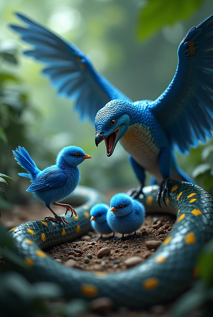 Snake Attack: The snake moves towards the blue bird's blue chicks, and the bird must use all her strength to stop it. The bird's blue color and the chicks' blue hues are prominent in the scene.