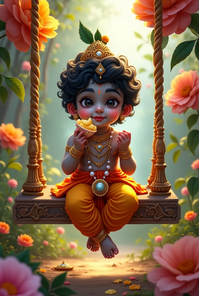 God Krishna in childhood siting on swing decorated with huge colourful flowers eating makhan
