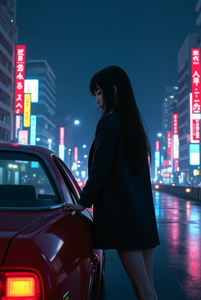 car、carに寄りかかって夜景を眺める黒色の髪を持つ女, 女は気だるそうにcarに寄りかかっている,The woman is holding a cigarette,The view of the city is like a night view., Cool Outfits, neon, Hard Shadows, masterpiece, Highest quality, Complex, Scenery is the main thing, Vintage, City Pop,Retro Pop,1980s anime illustration style