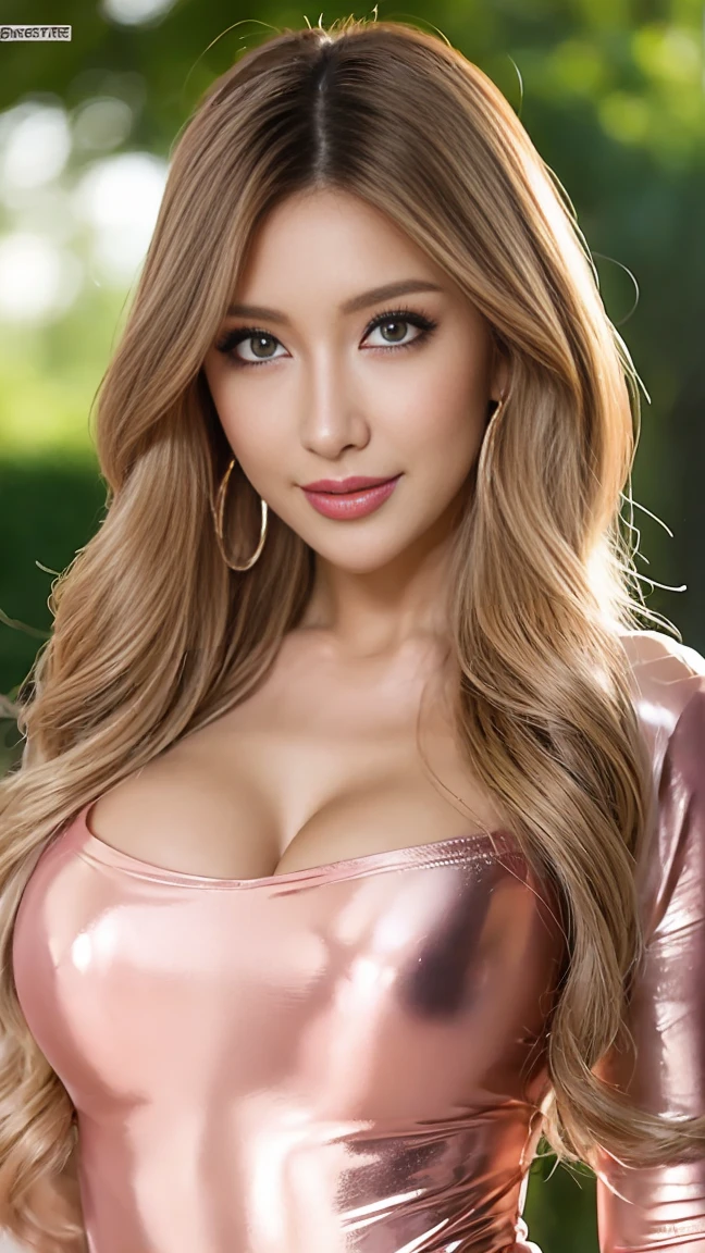(Highest quality、8k、Award-winning works、Ultra-high resolution)、One beautiful woman、(blonde:1.1)、Bright color contacts、Perfect Makeup、Bright and shiny lipstick、(Very heavy makeup:1.2)、(Deep pink around the eyes:1.1)、Beautiful bright eyeshadow、Heavy makeup around the eyes、(Huge breasts:1.2)、very long wavy hair、(Romantic affection:1.1)、The best smile he had when he saw me、(Bodylineを強調するものが多い..:1.1)、(Strongly blurred vibrant Harajuku city background:1.1)、(Strongly blurred background:1.1)、Accurate anatomy、(Ultra-high resolutionの完璧な美しい歯:1.1)、Ultra-high definition beauty face、Ultra HD Hair、Ultra HD Shining Eyes、輝くUltra-high resolutionの美肌、Ultra-high resolutionの艶やかな唇, Very detailed,Shiny lips with noticeable lip wrinkles, Wear a tight-fitting bodysuit, Rose goldのスパンデックスボディスーツ、whole body、Rose goldスパンデックスコスチューム,Clothes with a shiny texture,Build Muscles、(Costumes are single-colored only:Rose gold) ,Bodyline, Super tight costume