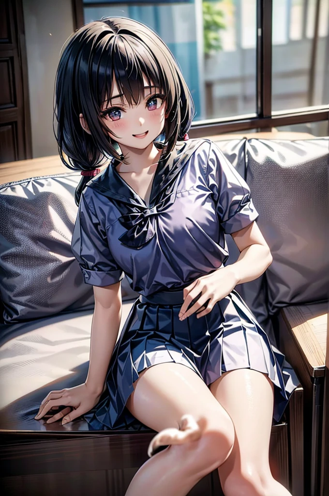 A Thai high school girl in an anime style with long ponytails sits on a sofa holding a microphone and sings in a narrow karaoke room, while smiling playfully. The room is dark and dim. Renaissance, anime style, drop shadow, anatomically correct, best quality, UHD, masterpiece, anatomically correct, best quality