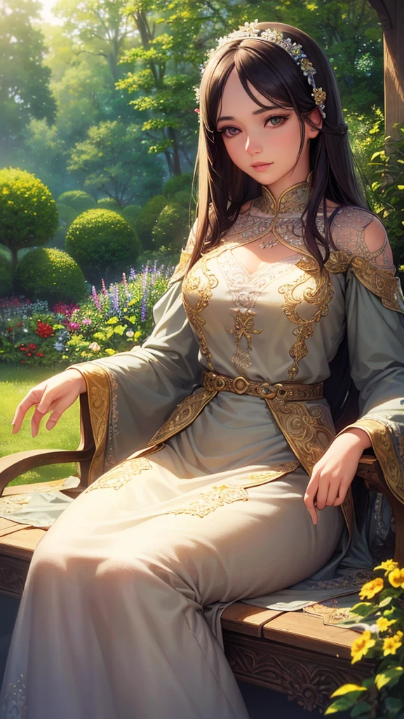 a girl in a garden, beautiful detailed eyes, beautiful detailed lips, extremely detailed eyes and face, long eyelashes, beautiful young woman, serene expression, long flowing hair, elegant dress, sunlight, lush greenery, flowers, butterflies, (best quality,4k,8k,highres,masterpiece:1.2),ultra-detailed,(realistic,photorealistic,photo-realistic:1.37),vibrant colors,natural lighting,soft focus,intricate details,oil painting,digital art
