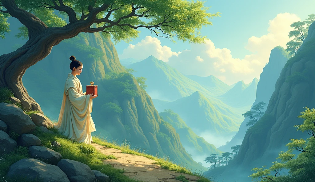 Chinese desciple returning downwards, mountain, beautiful trees, scenario, in anime style, carrying a tiny box in hand,