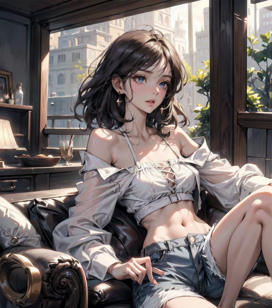 absurdres, RAW photo, extremely delicate and beautiful, masterpiece, Highest Quality, ultra high resolution, 32k, hyperrealistic, realistic, photorealistic, photo-realistic, Real, ultra-detailed, Very detailed CG 8k wallpaper, detailed background, landscape, Beautiful Lighting, Perfect Lightning, Realistic Shadows, perfect anatomy, anatomically correct, ideal ratio body proportions, perfect figure, Perfect Style, Perfect balance, super Detailed skin, in her 30s, very Slim body, narrow waist, very small head, very small face, delicate facial features, handsome detailed woman, very detailed eyes and face, realistic face proportions, Realistic beautiful face, Realistic beautiful eyes, tearful mole, earring, full body shot, very huge round tits, medium hair, asymmetrical hair, wavy hair, casual, blouse, white shirt, buttoned shirt, bare shoulders, collarbone, midriff, navel, shorts, straw hat,