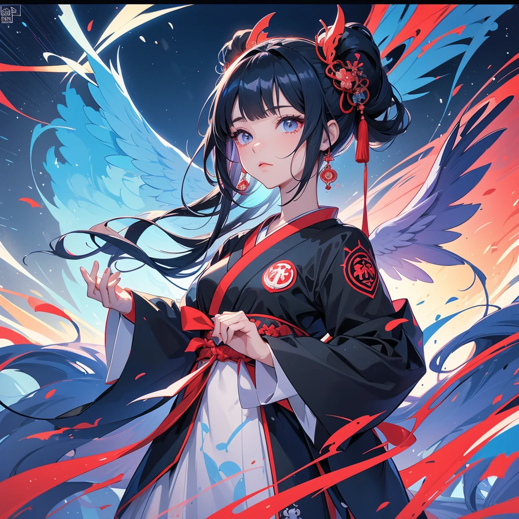 A vector art style, front view of an anime girl with traditional Japanese elements and cyberpunk design, hands in a prayer pose, multiple eyes on her head, she has wings behind her back, the background is a temple with a red and blue color theme, a colorful pop art illustration in the style of cool, a highly detailed, clean, bold manga poster, a 2D, flat, symmetrical composition. --ar 3:4 --niji 6
