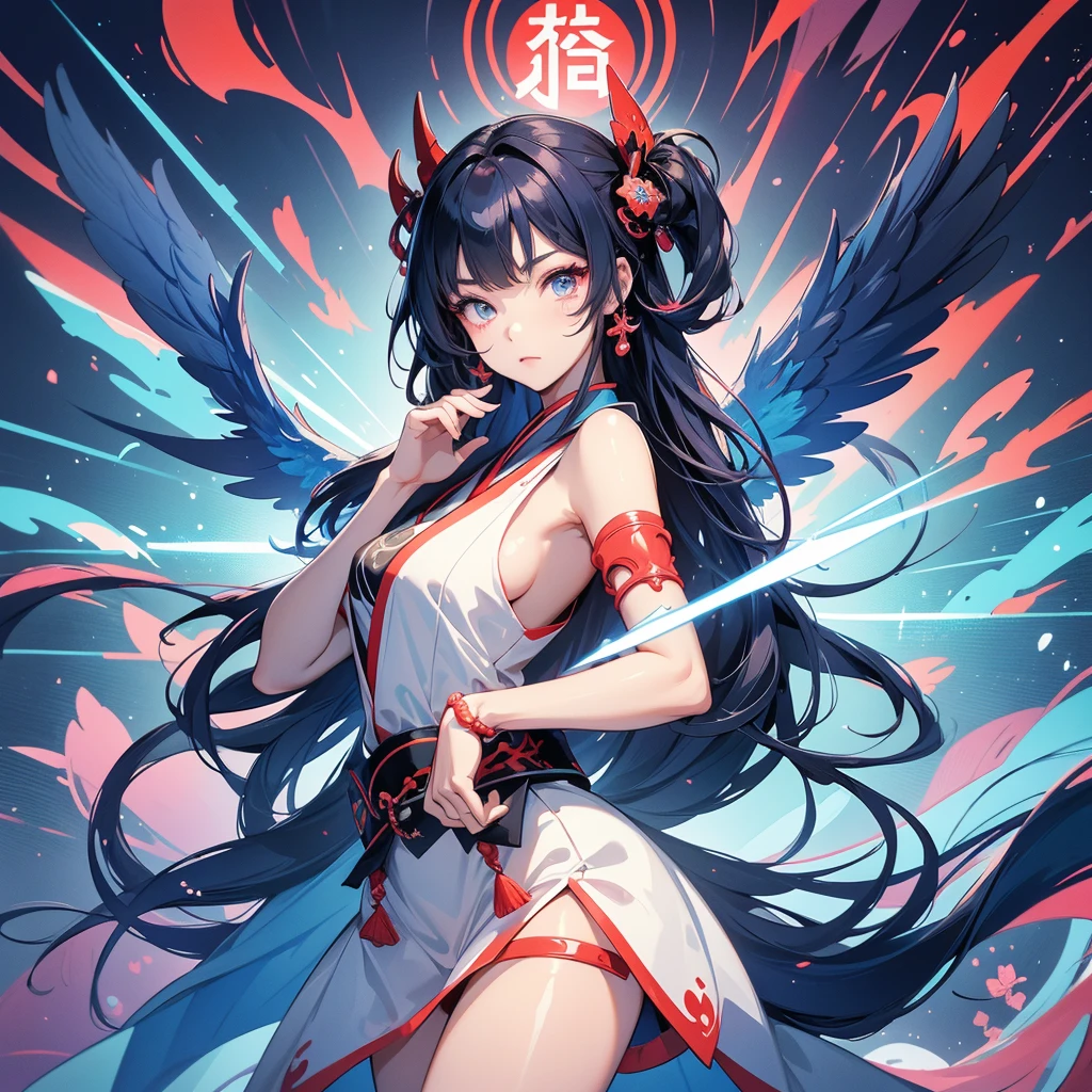 A vector art style, front view of an anime girl with traditional Japanese elements and cyberpunk design, hands in a prayer pose, multiple eyes on her head, she has wings behind her back, the background is a temple with a red and blue color theme, a colorful pop art illustration in the style of cool, a highly detailed, clean, bold manga poster, a 2D, flat, symmetrical composition. --ar 3:4 --niji 6