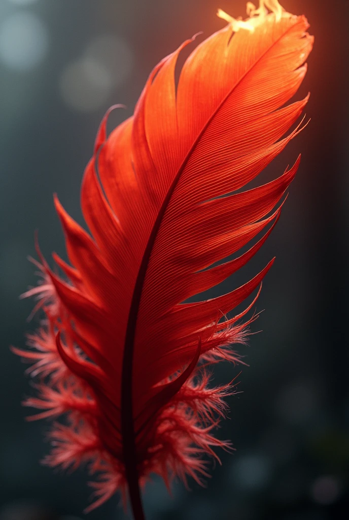 A bird feather, Big red feather, Very beautiful feathers, A feather with a faint flame flickering, Pale flame, Strangely colored feathers, Very realistic and detailed feathers