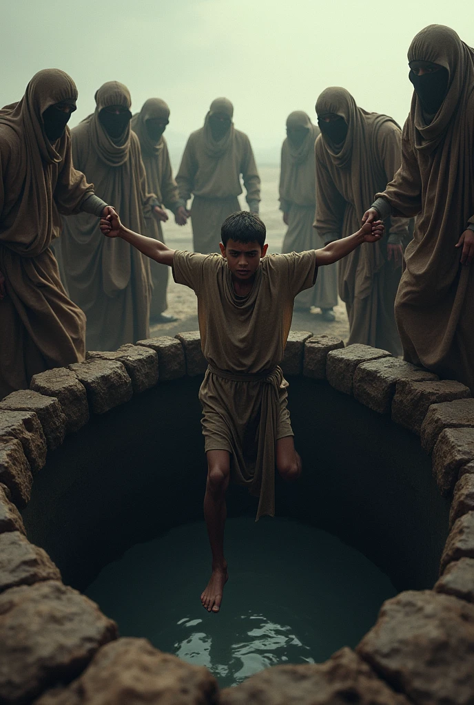 12 Muslim people. A Muslim boy. Throwing into the well.