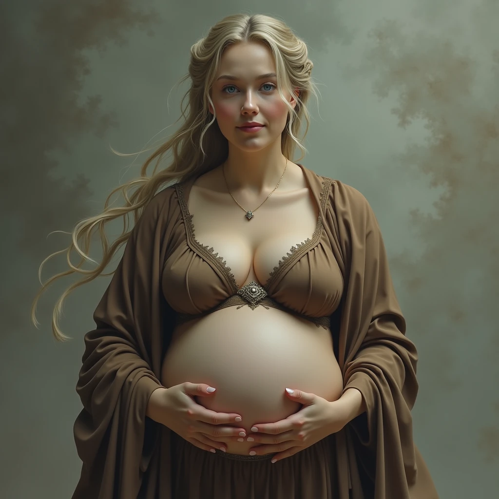 (best quality,4k,8k,highres,masterpiece:1.2),ultra-detailed, 1woman, polish goddess Dzidzilelia, pale skin, grayish blue eyes, matronly dressed in brown gown, wide hips, large ample breasts swollen with milk, dark blond hair worn up, kind eyes, looking at viewer compassionately, loving smile on face, drawn in the style of Yoshitaka Amano, HDR, 8k, absurdres, cinestill 800, sharp focus
