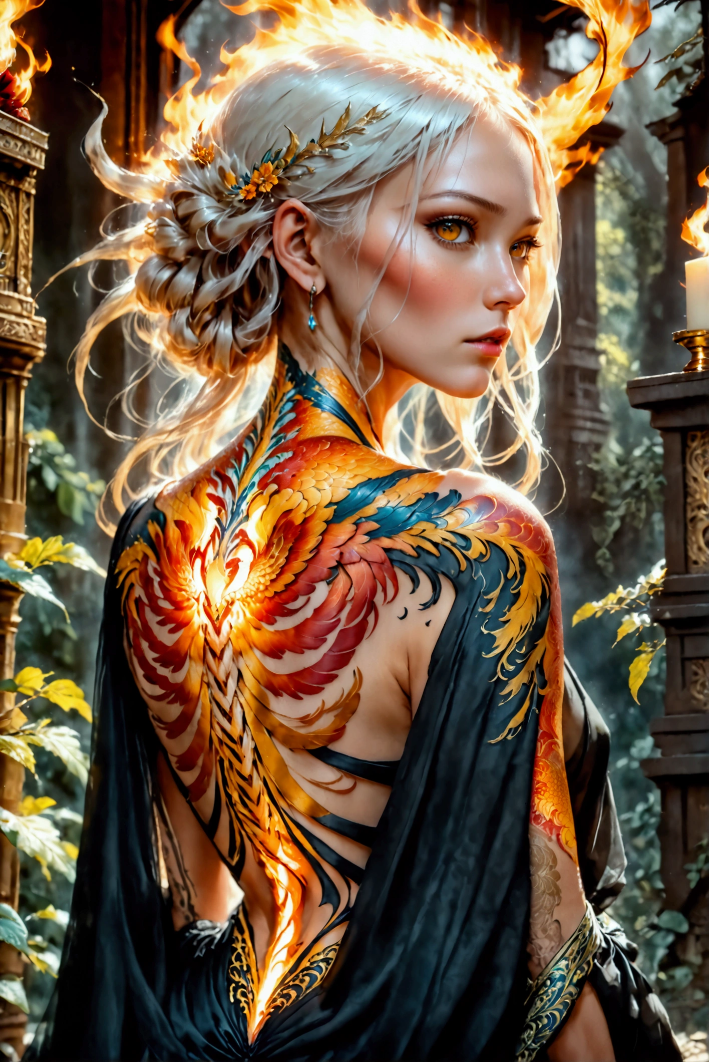 watercolor art, fantasy art, goth art, a picture of a tattoo on the back of a female elf, a glowing tattoo of a ((phoenix: 1.3)) on the elf's back, the ((phoenix tattoo)) is vivid, intricate detailed coming to life from the ink to real life, ((fire surrounds the phoenix: 1.5)), shoot taken from the back, ((the back is visible: 1.3), a most beautiful elf, exquisite beauty, small pointed ears, long hair,  she wears a transparent black dress, the dress is elegant, flowing, elven style, that the tattoos glow, dynamic hair color, dynamic hair style, cinematic light, High Detail, Ultra High Quality, High Resolution, 16K Resolution, Ultra HD Pictures, 3D rendering Ultra Realistic, Clear Details, Realistic Detail, Ultra High Definition,Comistyle, faize, art by mooncryptowow