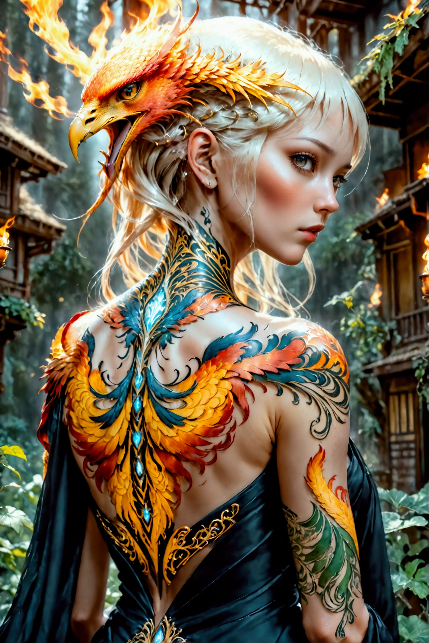 watercolor art, fantasy art, goth art, a picture of a tattoo on the back of a female elf, a glowing tattoo of a ((phoenix: 1.3)) on the elf's back, the ((phoenix tattoo)) is vivid, intricate detailed coming to life from the ink to real life, ((fire surrounds the phoenix: 1.5)), shoot taken from the back, ((the back is visible: 1.3), a most beautiful elf, exquisite beauty, small pointed ears, long hair, she wears a transparent black dress, the dress is elegant, flowing, elven style, that the tattoos glow, dynamic hair color, dynamic hair style, cinematic light, High Detail, Ultra High Quality, High Resolution, 16K Resolution, Ultra HD Pictures, 3D rendering Ultra Realistic, Clear Details, Realistic Detail, Ultra High Definition,Comistyle, faize, art by mooncryptowow