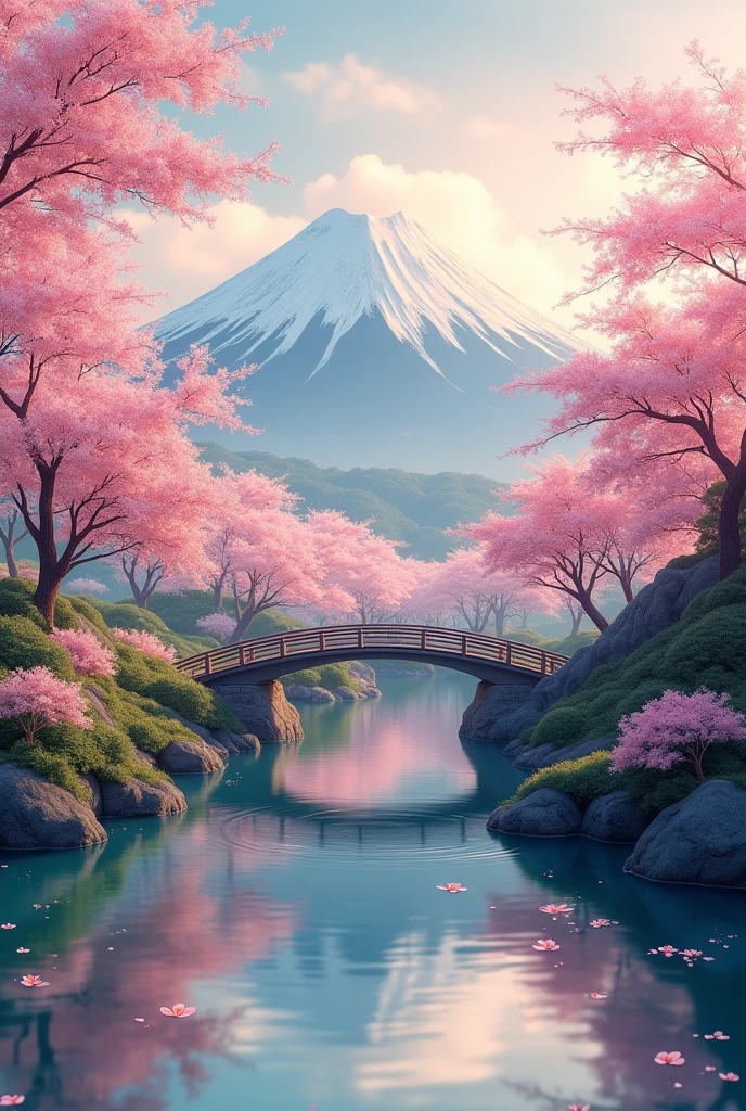 (digital painting), (best quality), tranquil japanese garden, cherry blossoms, small river, pedestrian bridge, mount fuji, ukiyo-e art style, hokusai inspiration, deviant art pop, 8k surrealism, pastel color scheme, soft lighting, golden hour, tranquil atmosphere, landscape orientation horizontal