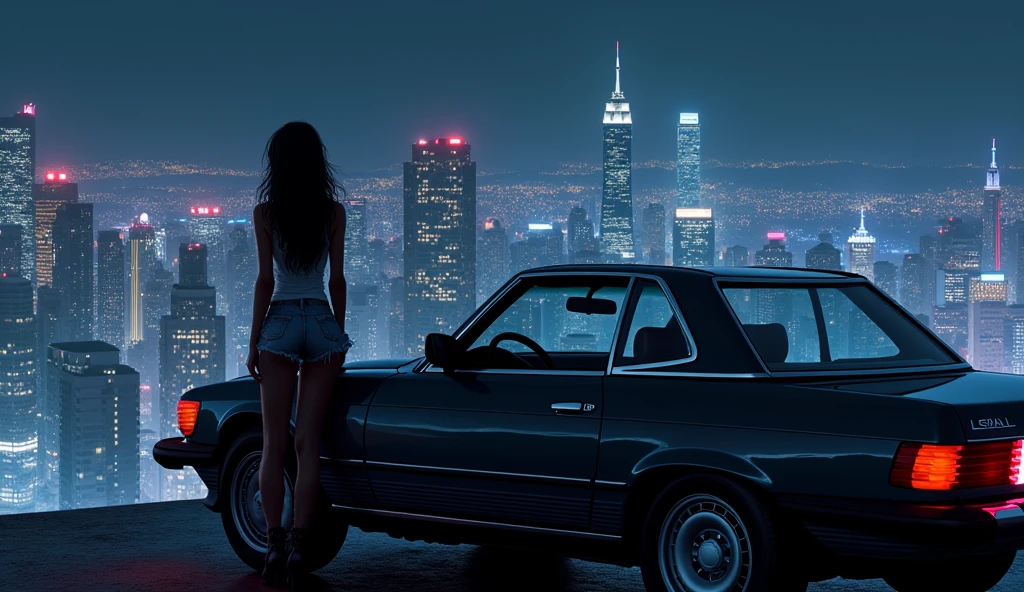 car、carに寄りかかって夜景を眺める黒色の髪を持つ女, 女は気だるそうにcarに寄りかかっている，The woman is holding a cigarette，The view of the city is like a night view., Cool Outfits, neon, Hard Shadows, masterpiece, Highest quality, Complex, Scenery is the main thing, Vintage, City Pop，Retro Pop，1980s anime illustration style