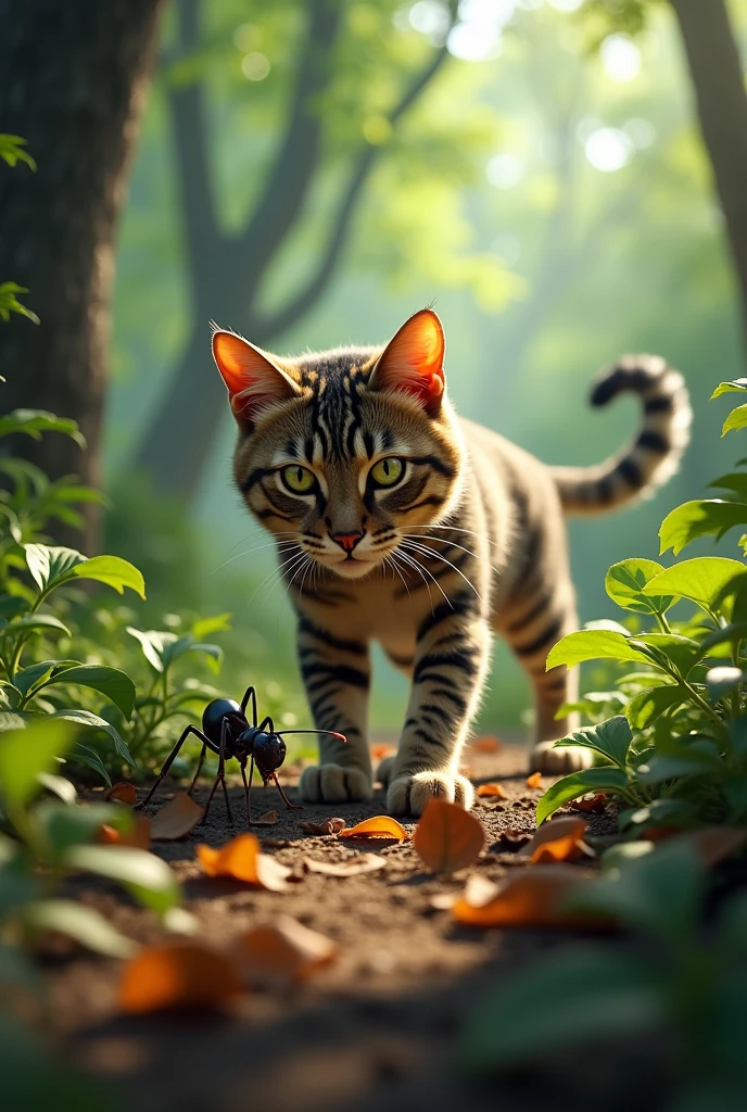 A cat in forest fighting with ant