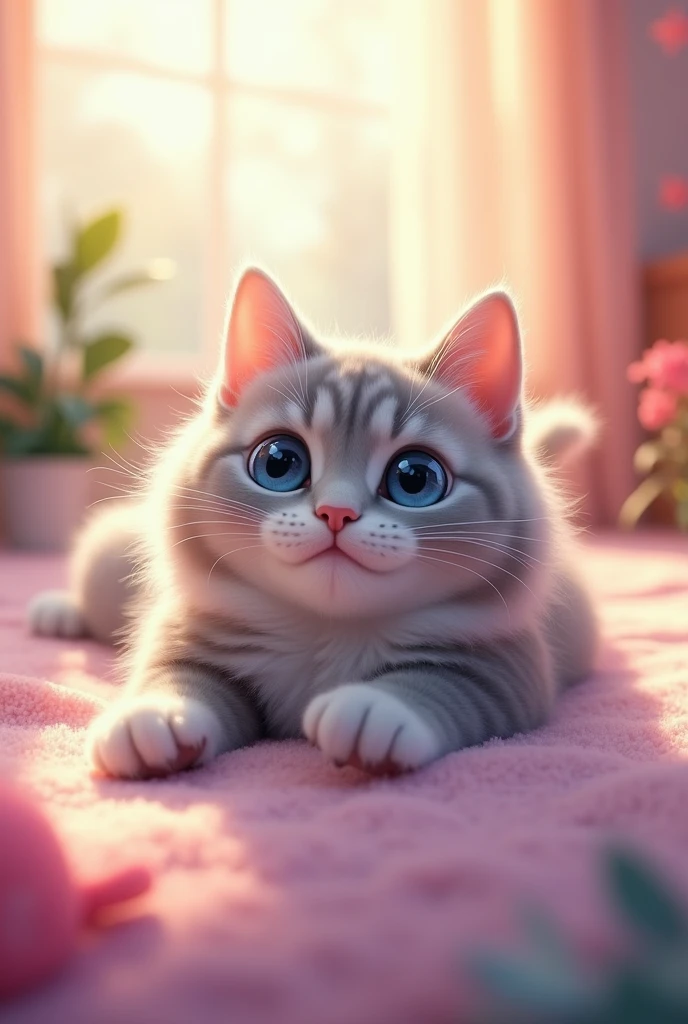 Round pupils、Fluffy cat,Playful,Curious,Bright Blue Eyes,Soft grey fur,Whiskers twitching,Stretching in the sun,Cat grace and elegance,(Highest quality,4K,High resolution),Vibrant colors,lively and energetic,dream-like、Whimsical,Subtle pastel colors,Soft lighting,