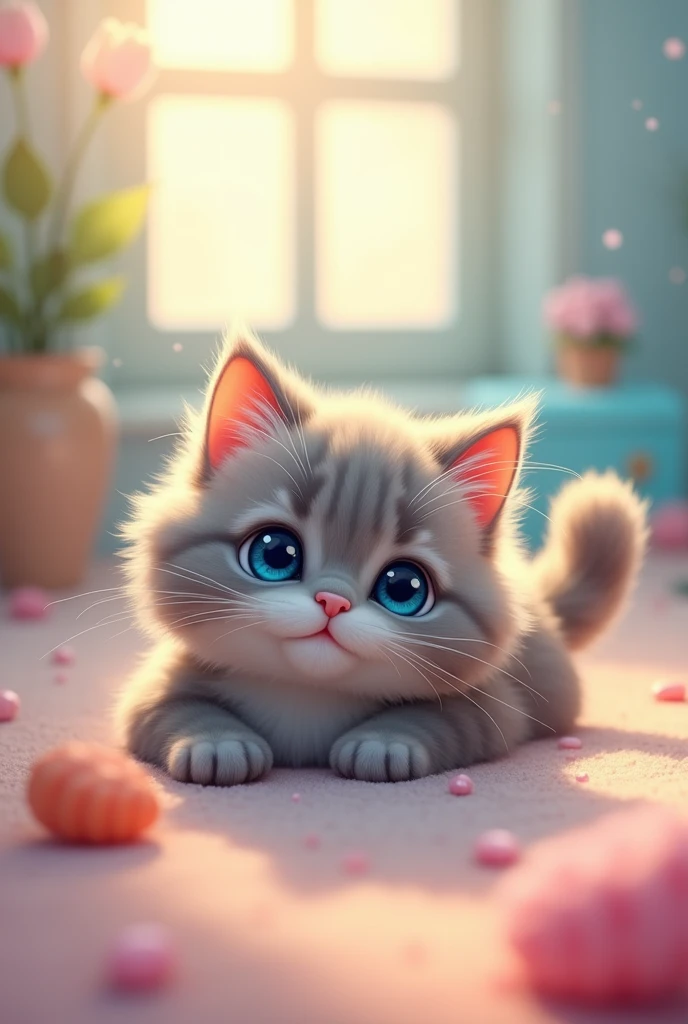 Round pupils、Fluffy cat,Playful,Curious,Bright Blue Eyes,Soft grey fur,Whiskers twitching,Stretching in the sun,Cat grace and elegance,(Highest quality,4K,High resolution),Vibrant colors,lively and energetic,dream-like、Whimsical,Subtle pastel colors,Soft lighting,