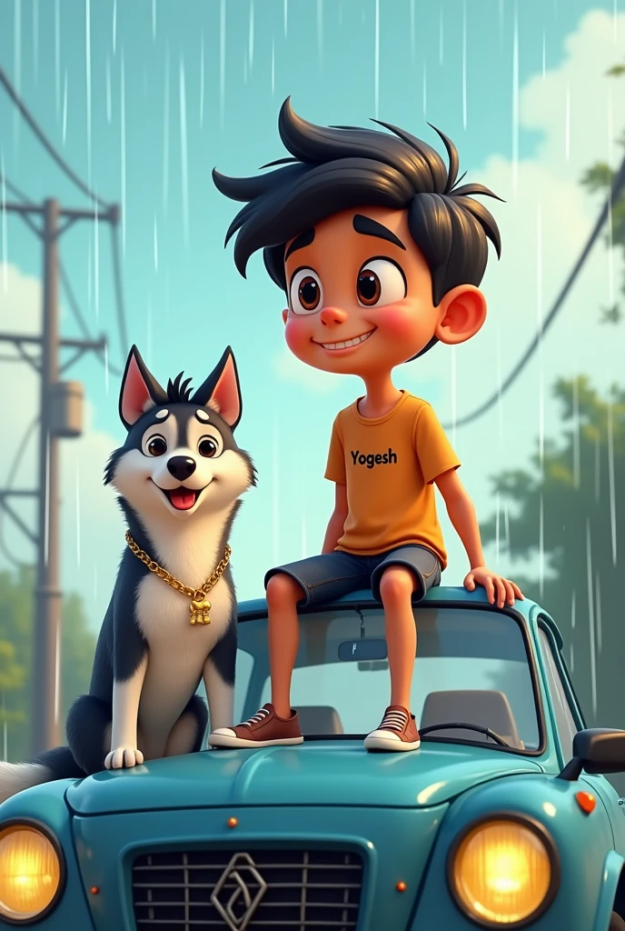 1 boy sit on the car and enjoy rain his name is yogesh write the t shirt and his hand 1 dog name is husky, his sit boy side, dog gold chain 2d cartoon