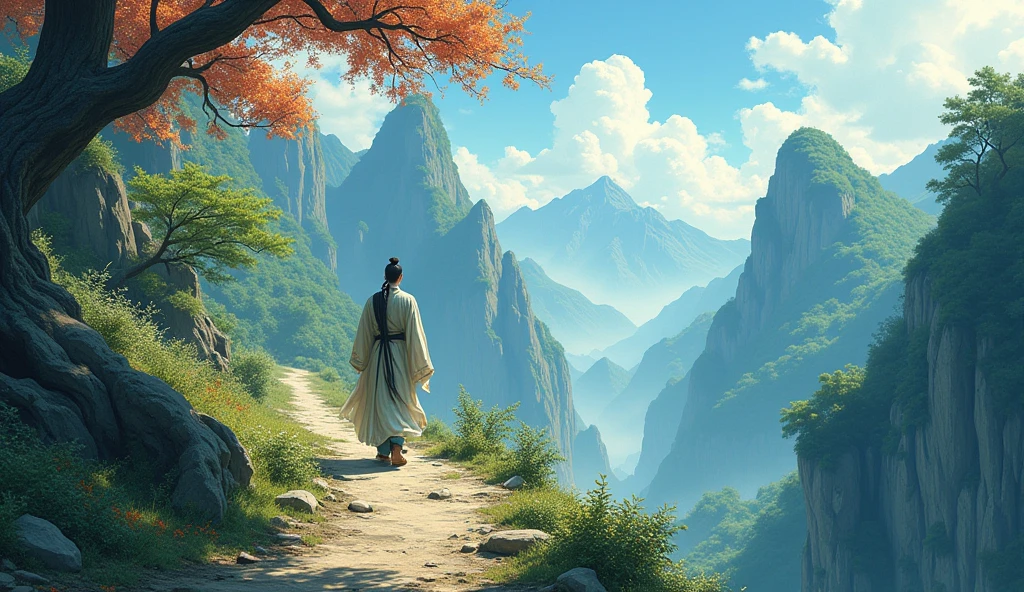 Chinese desciple returning downwards, mountain, beautiful trees, scenario, in anime style,