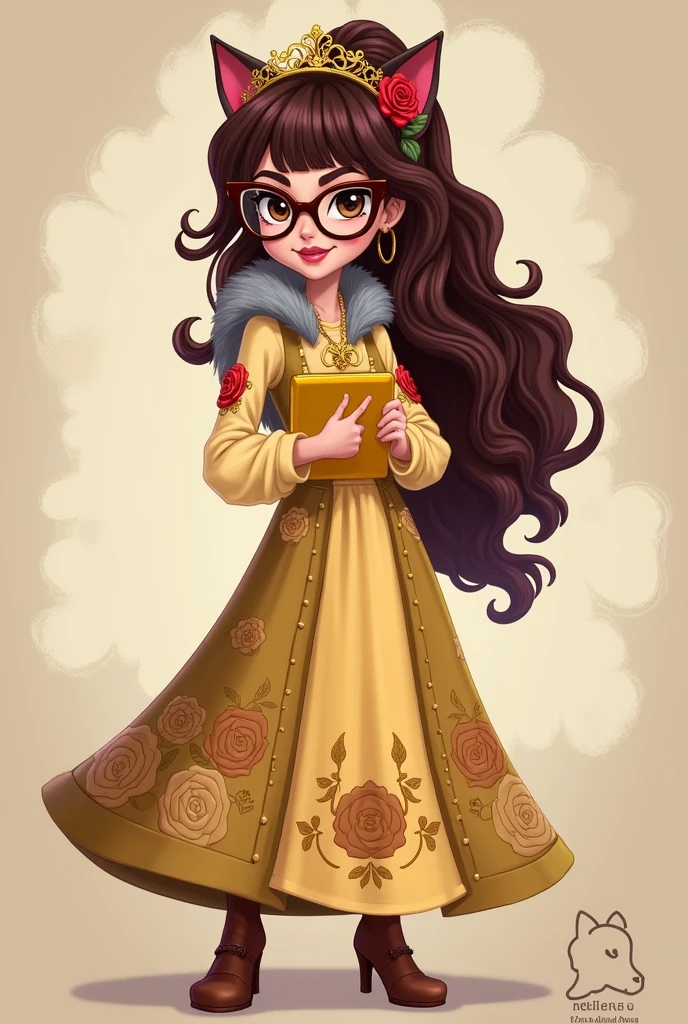 Imagem da filha da Ramona Badwof e da Rosabella Beauty de Ever After High: You must have long curly brown hair with bangs and dark red highlights., loose ponytail, first of all, brown glasses with a red rose, long light yellow blouse with roses on the blouse and sleeves, golden skirt with golden roses, a faux fur collar around the neck of gray color, brown high heel boots with roses, golden flower tiara on her head and a yellow tablet with a red rose on her arms and a golden wolf pendant