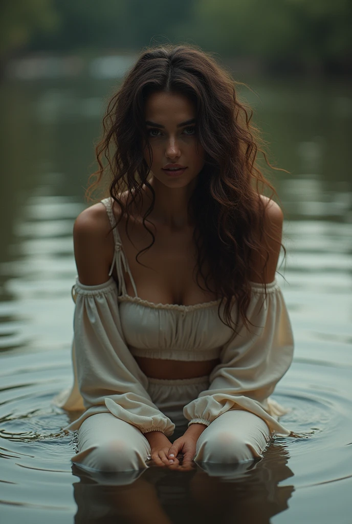 (photorealism:1.2), beautiful woman, sitting on flood water, wearing loose off-shoulder top, pajama pants, long curly hair,  soft lighting, around flood water,emotional 