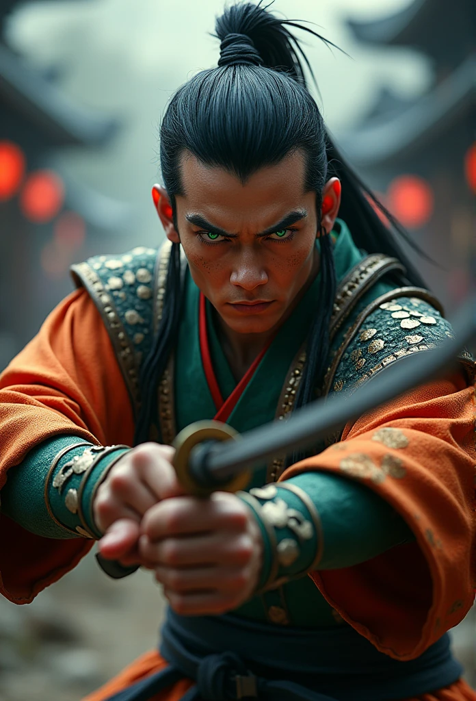 Samurai baseado no escorpion( Mortal Kombat.) Holding one katanas in two hands, expression of anger and hatred, Japanese man in his twenties, olhos verdes, attack expression ( both hands have five fingers.)