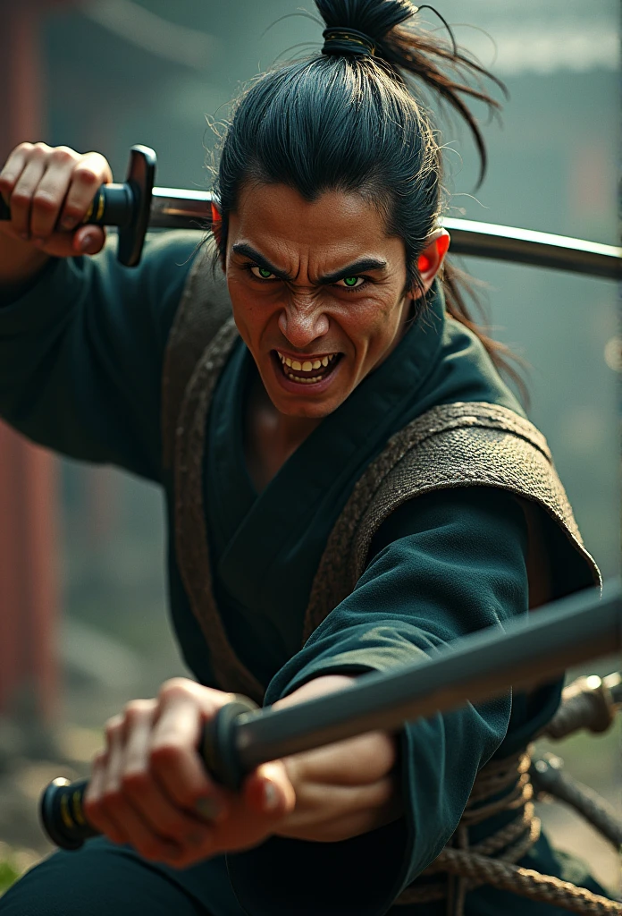 Samurai baseado no escorpion( Mortal Kombat.) Holding one katanas in two hands, expression of anger and hatred, Japanese man in his twenties, olhos verdes, attack expression ( both hands have five fingers.)