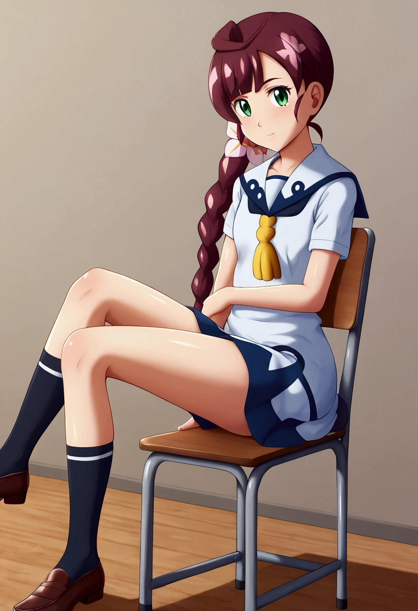 masterpiece,best quality, 1girl, school uniform, sitting on chair, cross leg, class room,show feetï¼Sole of foot
