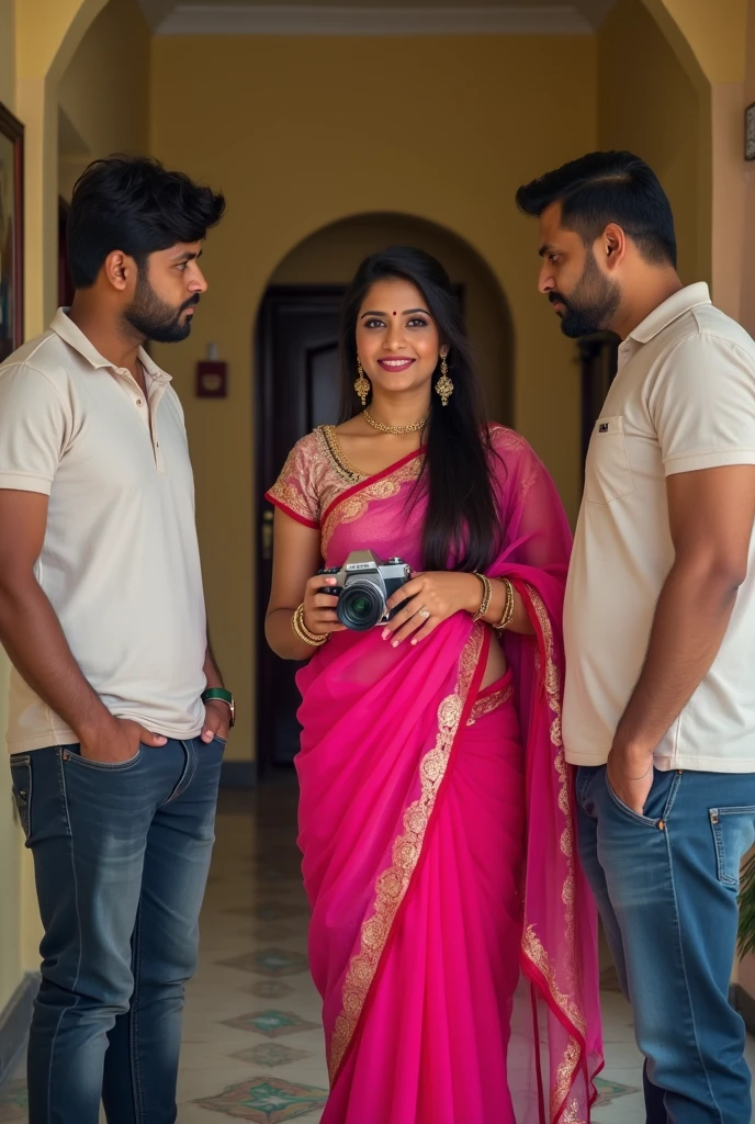 One 3 indian woman wears pink colour transparent saree and blouse, looking at camera and standing infront of a 2 indian man, clean shave, wears white tshirt who holds  camera in hand, and clicking her photos, in their house at hall.