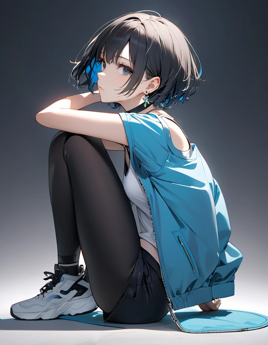 1girl, best quality, beautiful, short hair, 8K, expressionless, full body, sitting, head tilt look view, slim, jacket, tanktop inside, earrings, choker, dynamic pose, concept, full color