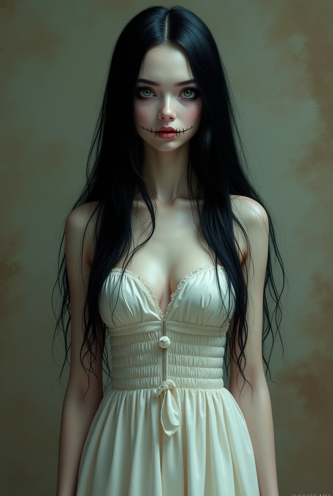 Kuchisake-onna, Masterpiece, long black hair, Sewn mouth, smile, shy, dark green eyes, hair, white skin, Masterpieceทออยู่ข้างๆ, best quality, White long dress, stand, look at the audience, Medium bust, open neck,