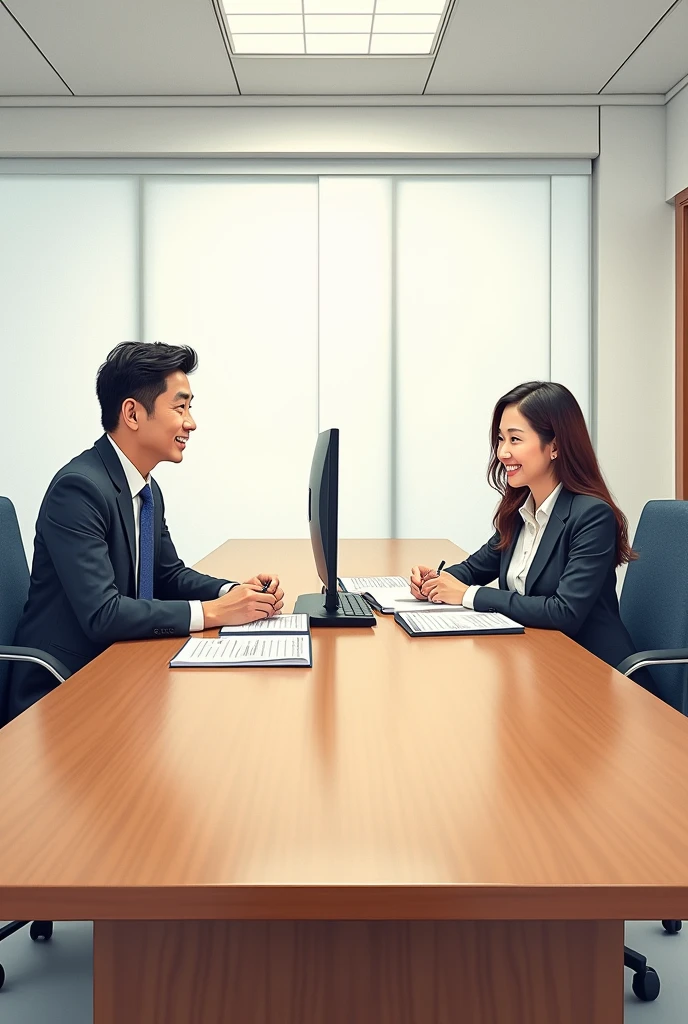 Scene 1: Company conference room
* Atmosphere: Clean and tidy conference room with long wooden conference table and many chairs
* Characters:
* Mr. Somchai sits at one end of the table, looking calm and friendly
* Ms. Pin sits opposite Mr. Somchai and smiles at the interview
* Additional details: The table has interview documents and a computer for recording data, “making it a realistic drawing”