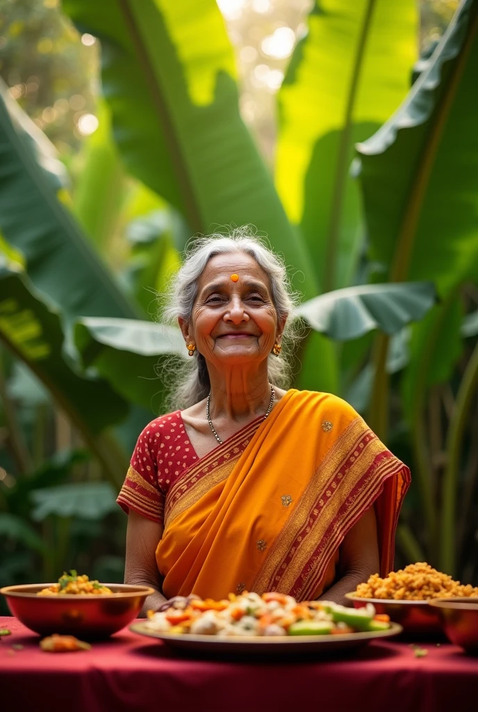 banana leaf background , a happy old lady with restaurant name kolapasi Indian cuisine with tag line fuel your hunger and Thali and items 