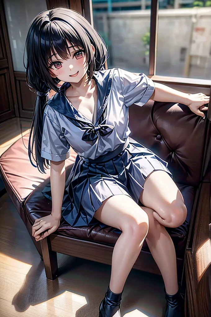 A Thai high school girl in an anime style with long ponytails sits on a sofa holding a microphone and sings in a narrow karaoke room, while smiling playfully. The room is dark and dim. Renaissance, anime style, drop shadow, anatomically correct, best quality, UHD, masterpiece, anatomically correct, best quality