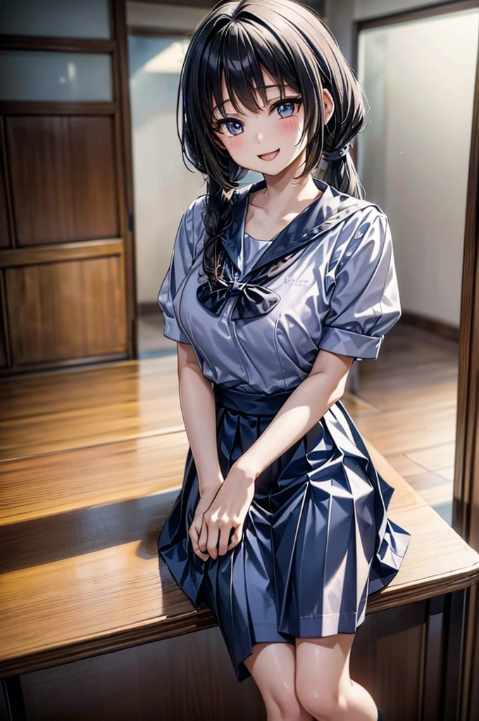 A Thai high school girl in an anime style with long ponytails sits on a sofa holding a microphone and sings in a narrow karaoke room, while smiling playfully. The room is dark and dim. Renaissance, anime style, drop shadow, anatomically correct, best quality, UHD, masterpiece, anatomically correct, best quality