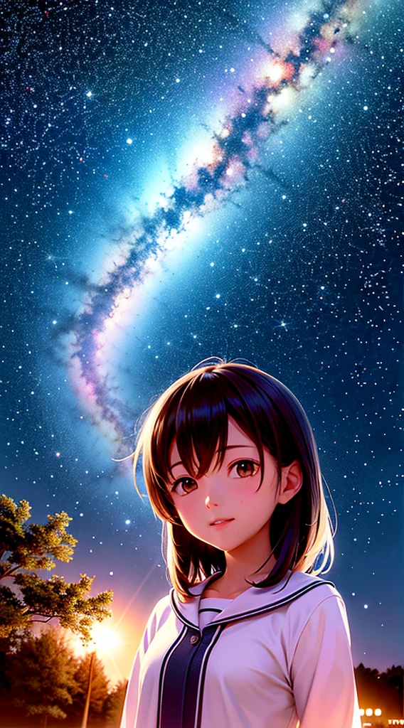 Anime girl looking at the stars in the sky, girl looks at the space, Makoto Shinkai Cyril Rolando, watching the stars, 4k manga wallpapers, looking to stars, Cosmos Sky. By Makoto Shinkai, Anime art wallpaper 4k, Anime art wallpaper 4 K, looking at the stars, Anime art wallpaper 8 K, Looking at the sky