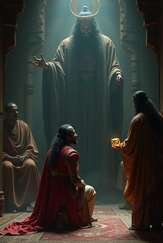 Shakuni, dressed in royal attire, kneels before Dhritarashtra and Gandhari, his face calm and loyal. Behind him, a shadowy reflection reveals his true sinister expression, with the bone dice glowing faintly in his hand. The contrast between his outward loyalty and inner deceit is emphasized.
