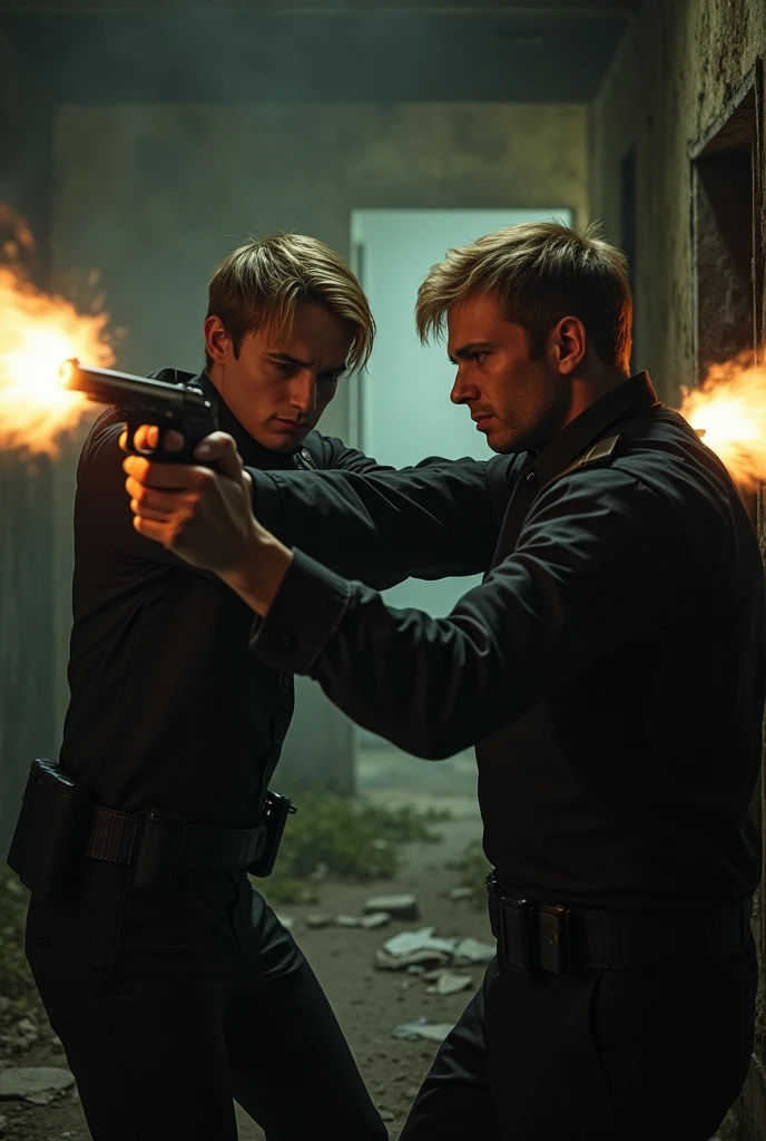 (ultra realisitic) Leon Scott Kennedy exchanging gunfire (in an abandoned house) (blondie hair) (black military clothing) (handgun)( Youngh)