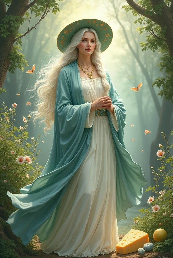 White Hair，Two braids，，Blue shawl，Light green hat，White long skirt，holy，cheese，Life，Earth，plant，maternal