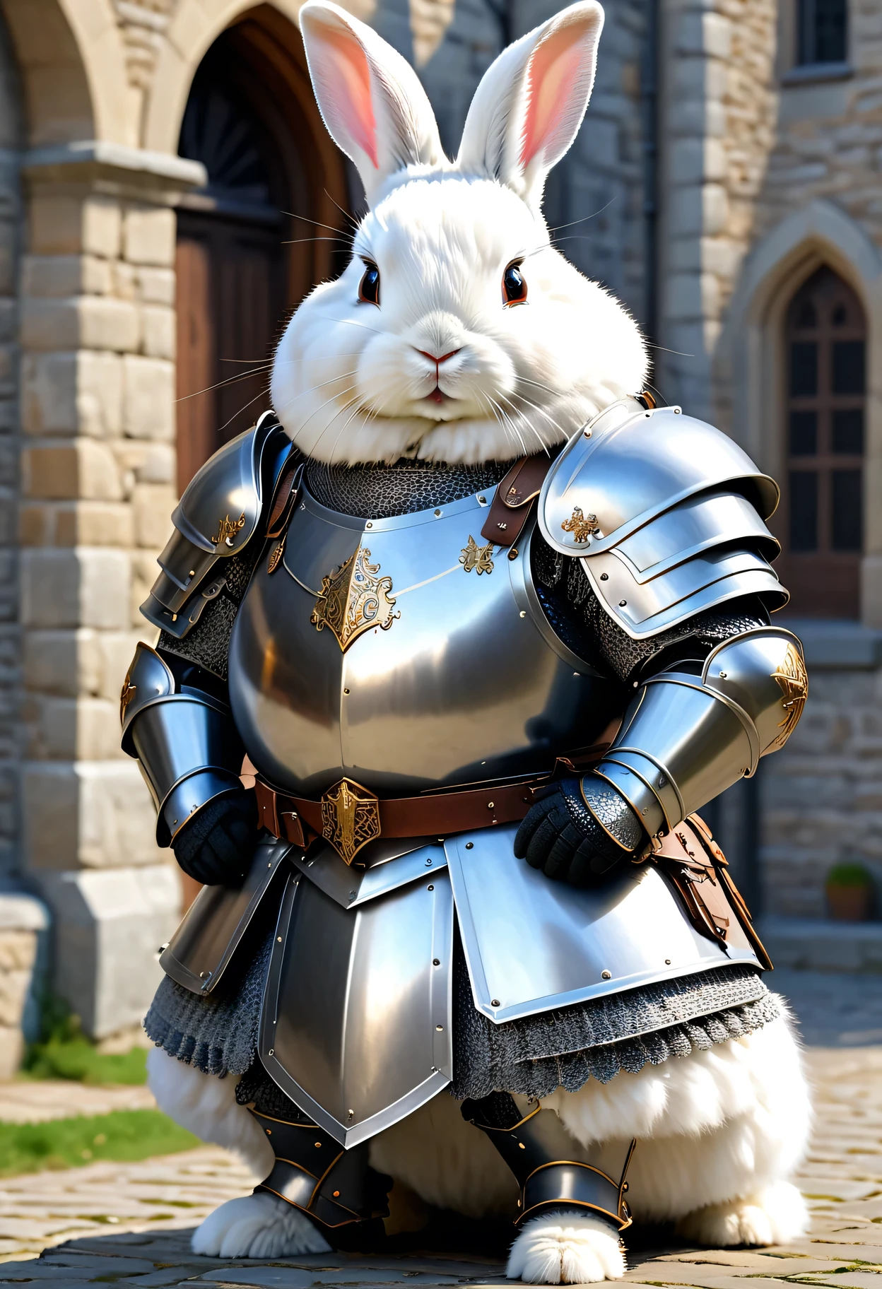 photorealistic portrait of Dressed animals - a ((fat)) (angora rabbit) knight,(hands on hips:1.5 ),(furry), high quality,(lovely) ,intricate detailed armor, highly detailed ((knight armor, greaves, sabaton)) , highly detailed knight equipment , (happy), natural lighting,(full body image:2.0),(stone buildings background),score_9, score_8_up, score_7_up, score_6_up, score_5_up, score_4_up,