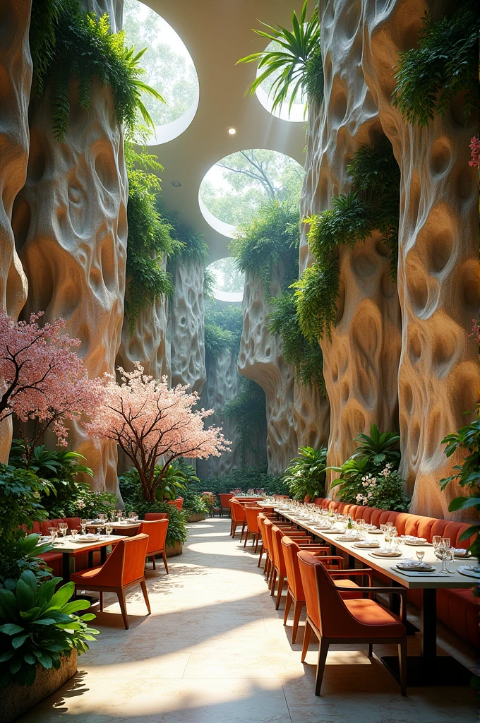 Jungle theme resturant with wall sculptures with cherry blossom trees