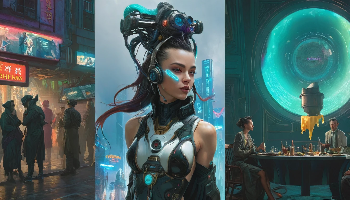 cyberpunk, Movie Frame, The endless future, ultra realistic, 8ก, lively, details, ZBrush, comic book illustration, Trending at artstation, By Peter Mohrbacher, by WLOP, By Ruean Jia, By Alphonse Mucha, By Dmitry Prozorov, By Norman Rockwell,