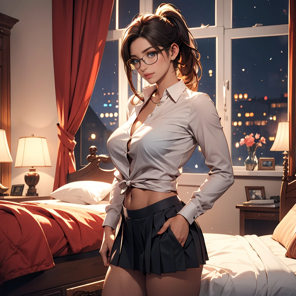 Pretty Caucasian (female), Sarah Shahi, a slim but muscular body, huge breasts, dark brown messy hair, blue eyes, Luxuriously embellished transparent sexlingerie with a white shirt, Lichtfunke, night, full body shot, sexy, seductive posture, exposed nipples, skimpy, exposed thighs, full body view, in bedroom, glasses, hair in ponytail, one hand taking off her black pleated skirt