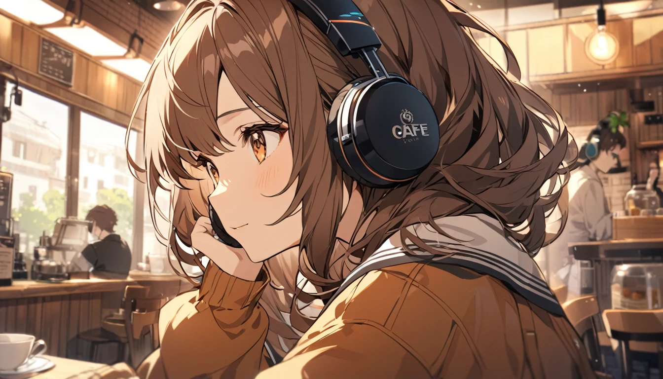 I put on headphones,Brown Hair,1 person,bright,Detailed Background,Listening to music in a cafe